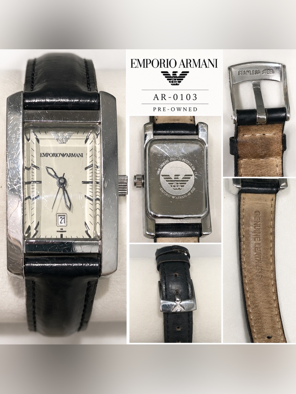 Emporio Armani women's  Black Leather Strap Watch with Cream Dial- Vintage!